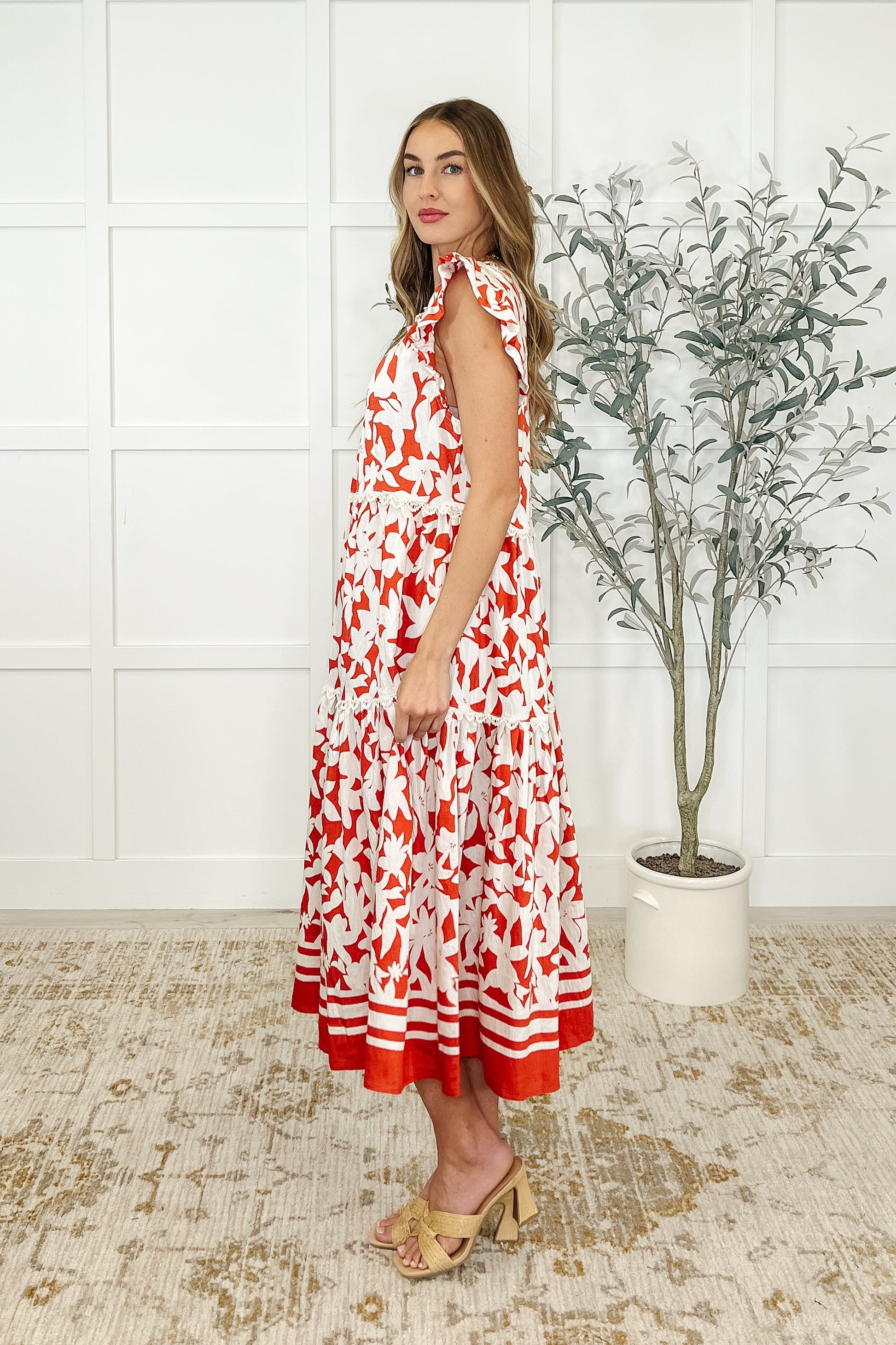 Dainty, lightweight woven, banded neckline, double layer flutter sleeve, keyhole closure, tiered, lace trim detail dress