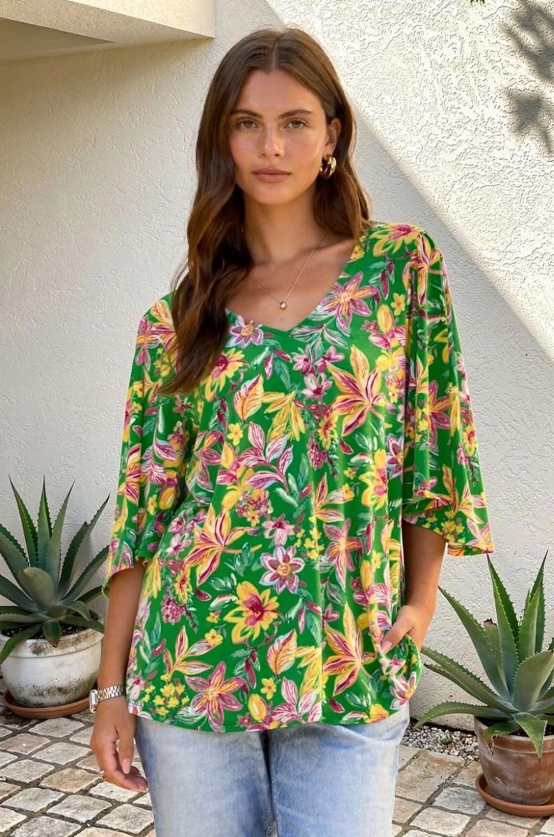 Dear Scarlett Green Floral Wrinkle-Free V-Neck Blouse – Stretchy Short Sleeve Top