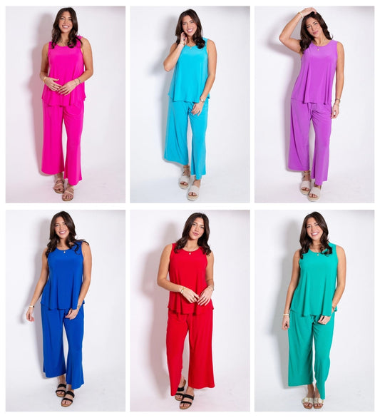Dear Scarlett wrinkle free pants set regular and plus sizes in Aqua, Emerald, Hot Pink, Orchid, Red, Royal Blue