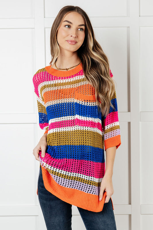 3/4 sleeve Striped Loose Knit Top
Mesh Knit
Ribbed Rounded Neckline
Drop Shoulder
Ribbed Sleeve Cuff
Ribbed Hemline
Side Slits
Functional Patch Pocket
100% Acrylic
True to Size