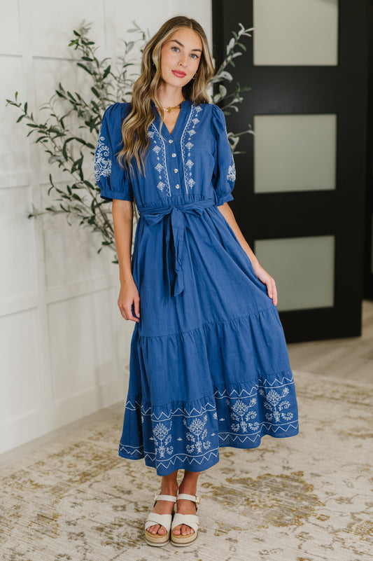 Puff Sleeve Midi Dress in Blue by Polagram
