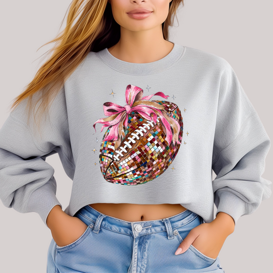 Light gray sweatshirt with a colorful sequin football design