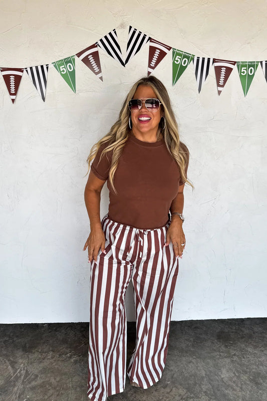 Brown and White stripe boxer style pants by Blakeley