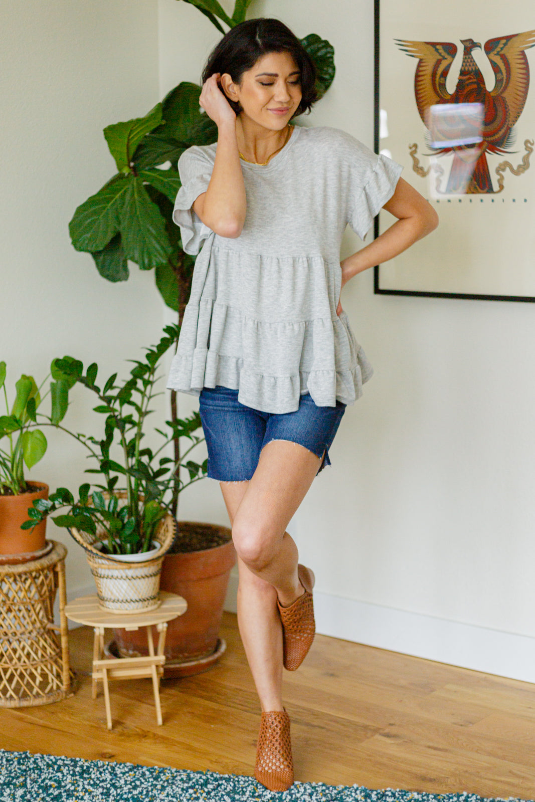 Stretchy + Lightweight short sleeved top
71% Rayon, 6% Polyester, 3% Spandex
Wash cold, hang dry
True to size