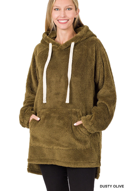 HOODED FAUX FUR KANGAROO POCKETS PULLOVER BY ZENANA