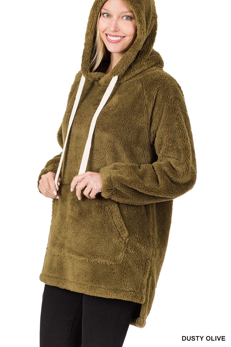 HOODED FAUX FUR KANGAROO POCKETS PULLOVER BY ZENANA