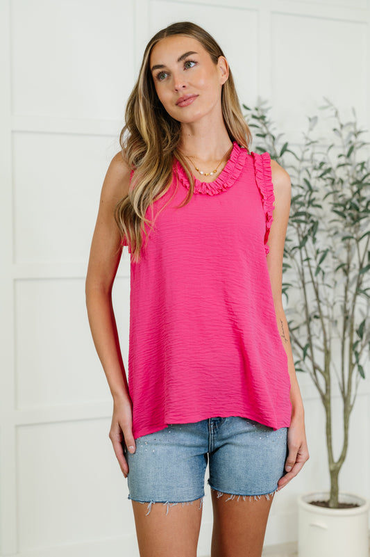 pink airflow crinkle poly ruffle detail sleeveless flare tank