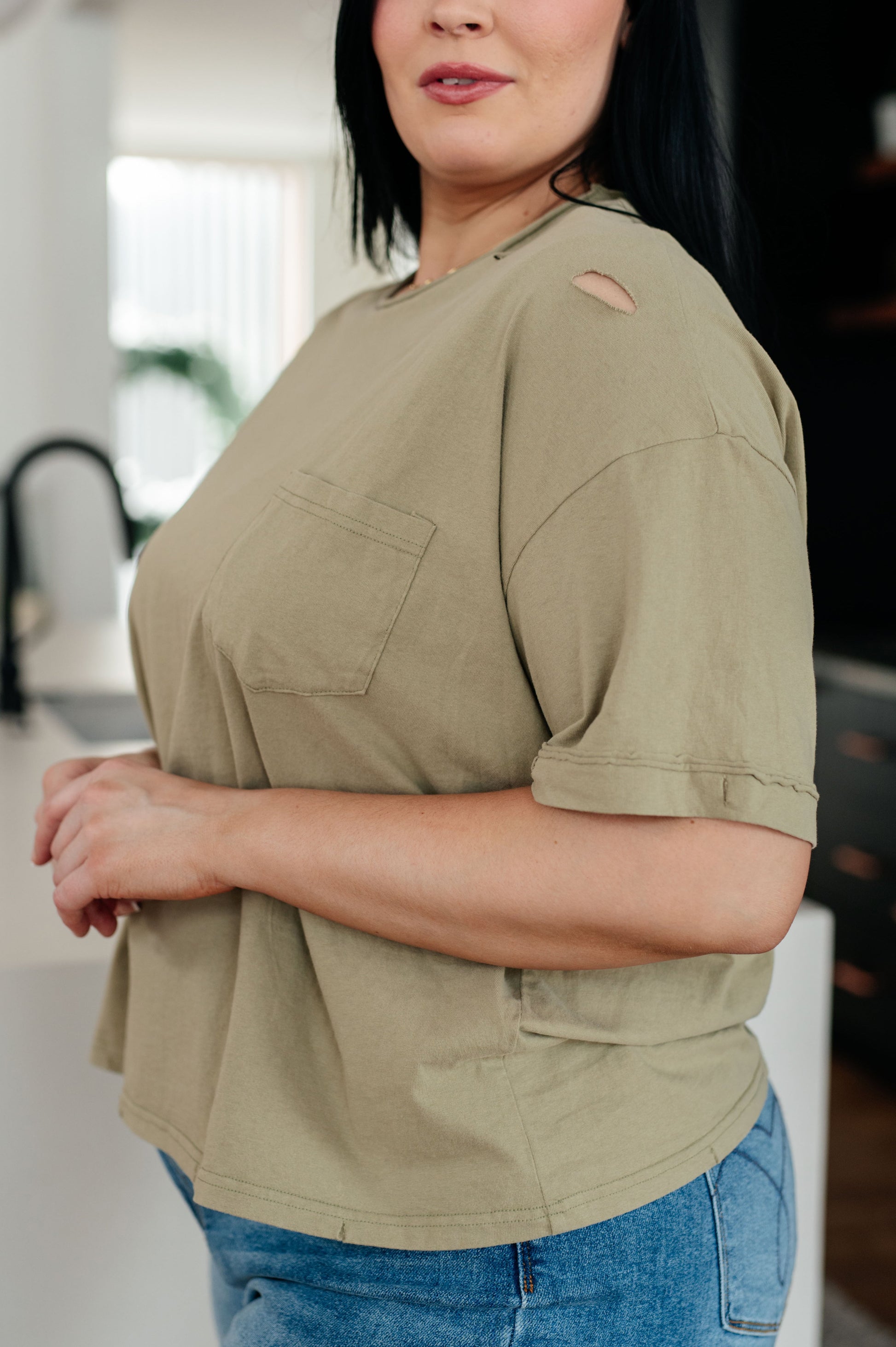 Beige short sleeved top by Sew In Love
Jersey Knit
Crew Neckline
Dropped Shoulder
Distressed
Patch Pocket
100% Cotton
True to Size