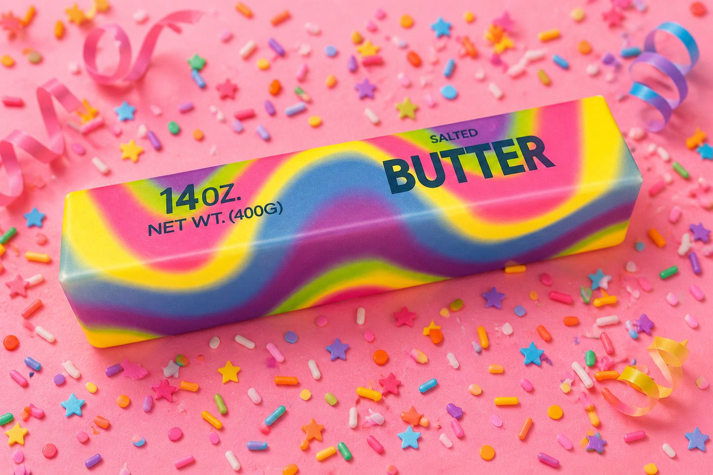 Rainbow butter-style squishy bar with vibrant colors and soft texture