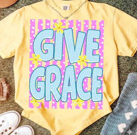 Butter yellow Comfort Colors graphic tee with “Give Grace” pastel floral design styled as a casual women’s lounge set