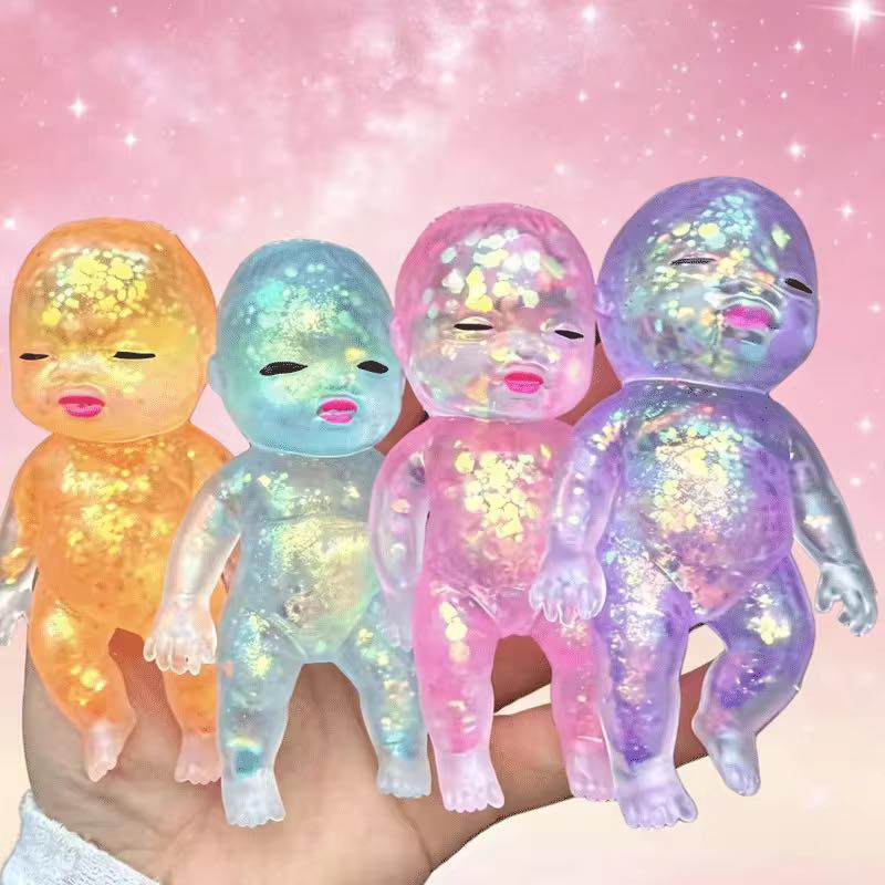 Glitter-filled baby squishy dolls in pastel colors for sensory fidget fun