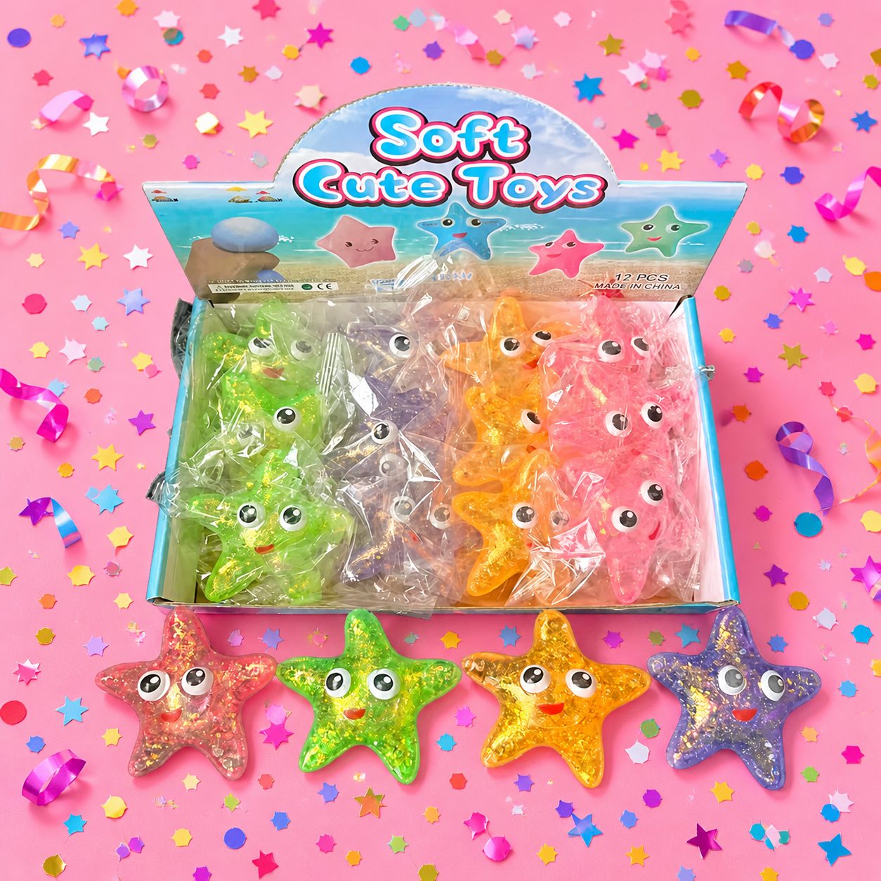 Cute glitter starfish squishy toys in bright colors for kids and fidgeting