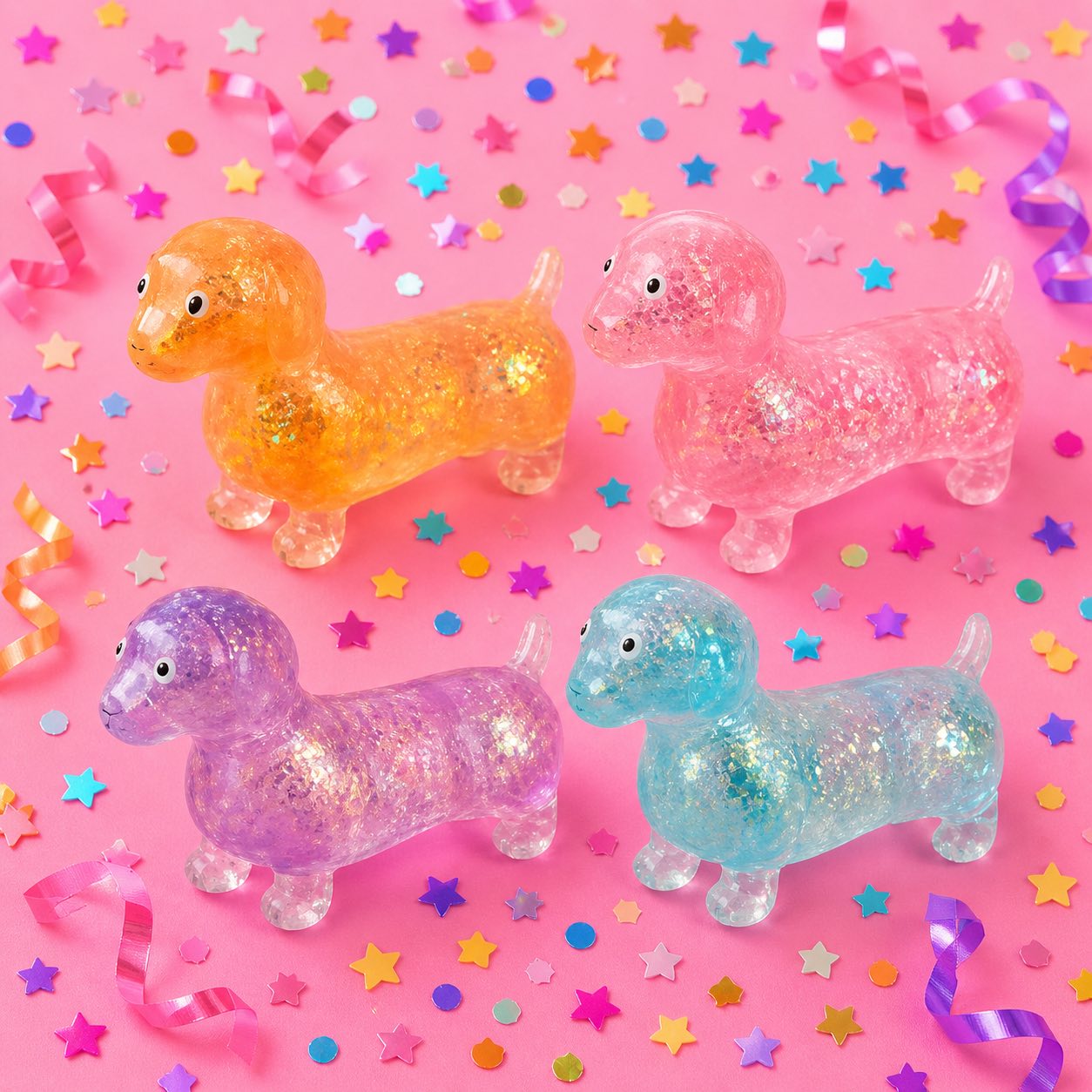 Stretchy glitter dachshund squishy toy being pulled for sensory play