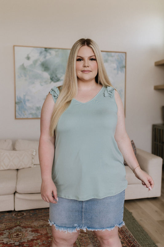 Sage Green Soft Jersey Knit Tank
Soft V-Neckline
Comfort Fit
Gathered Ruffle Detail Straps
95% Polyester, 5% Spandex
True to Size
