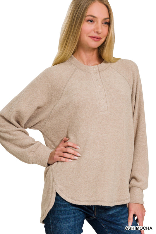 Brushed Melange Hacci Oversized 7 Button Henley Placket Sweater In Ash Mocha