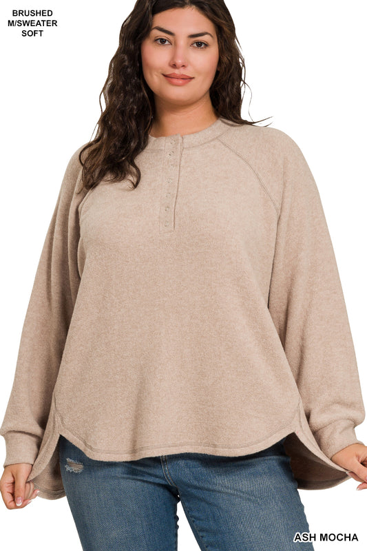 PLUS BRUSHED MELANGE HACCI OVERSIZED 7 BUTTON HENLEY PLACKET SWEATER IN MOCHA