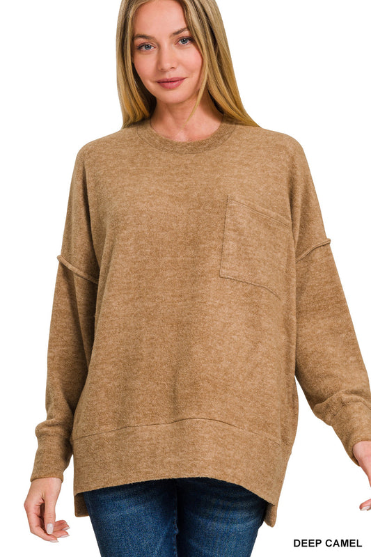 Brushed Melange Drop Shoulder Oversized Sweater In Deep Camel