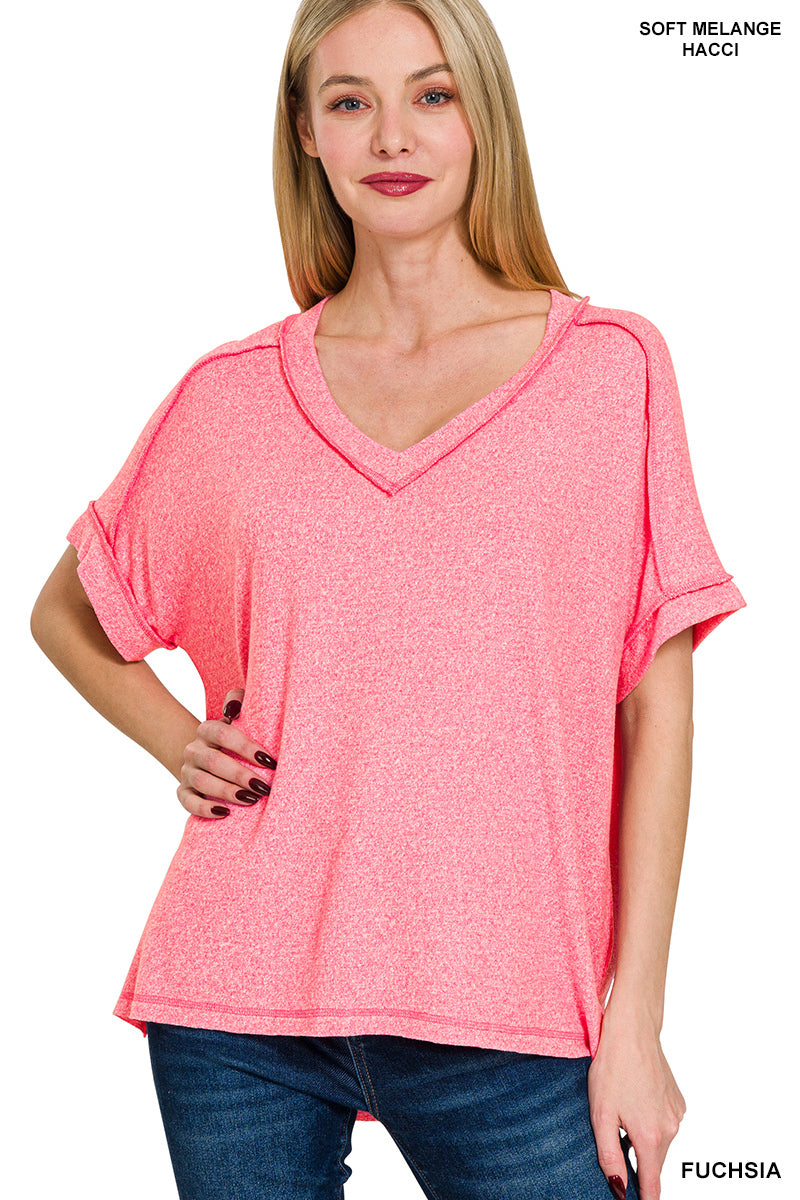 Soft Melange Hacci V Neck Short Sleeve Hi Low Tee In Fuchsia