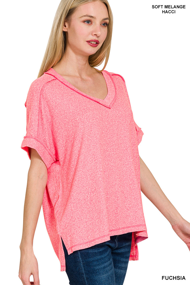 Soft Melange Hacci V Neck Short Sleeve Hi Low Tee In Fuchsia