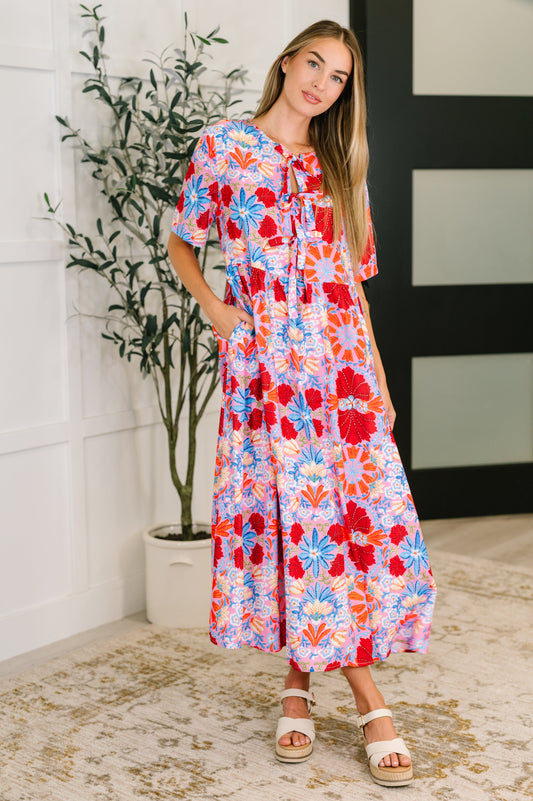 colorful floral, short sleeve maxi dress 