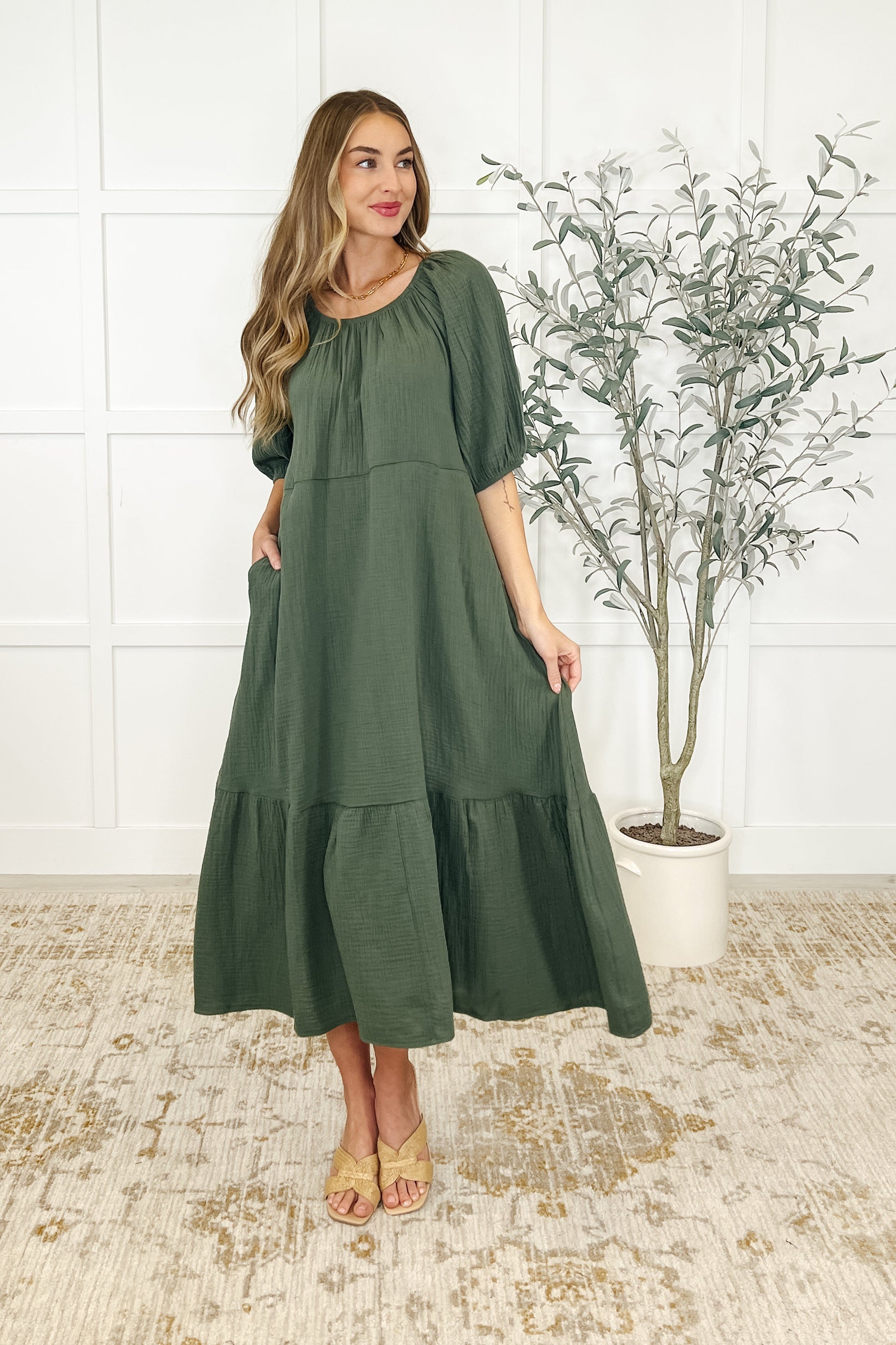Crinkle gauze, midi length, raglan sleeve, pockets, elastic neckline dress in Pine Green