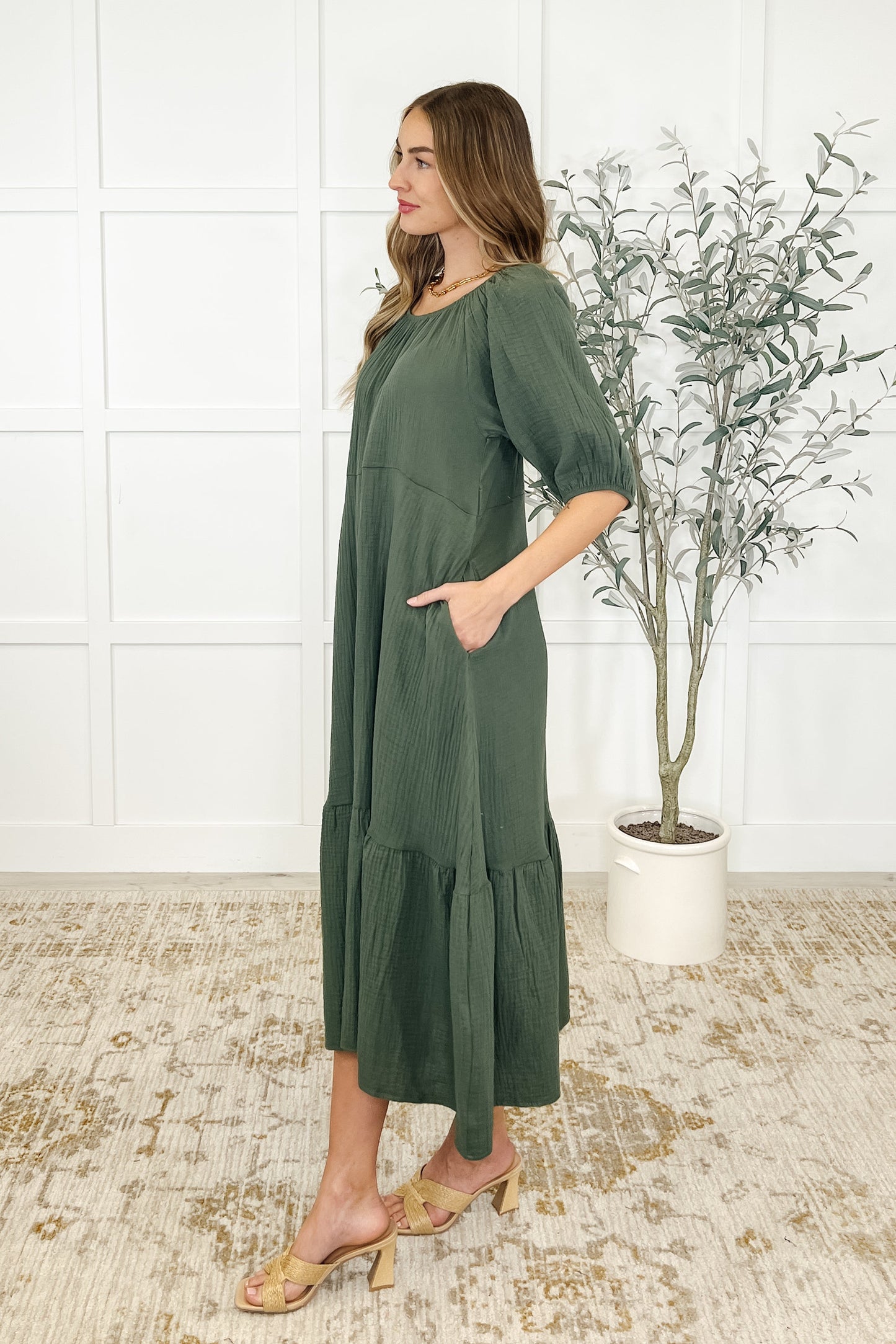 Crinkle gauze, midi length, raglan sleeve, pockets, elastic neckline dress in Pine Green