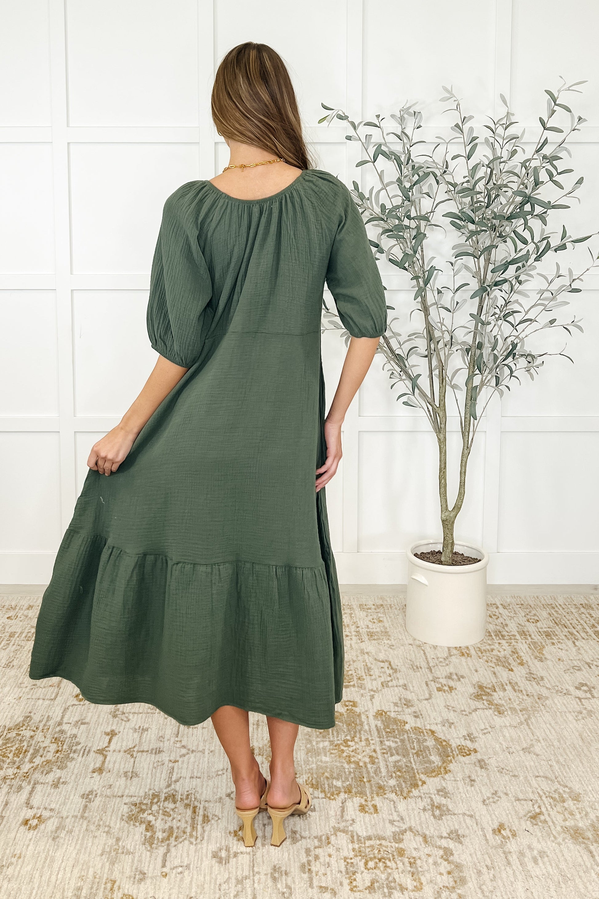 Crinkle gauze, midi length, raglan sleeve, pockets, elastic neckline dress in Pine Green