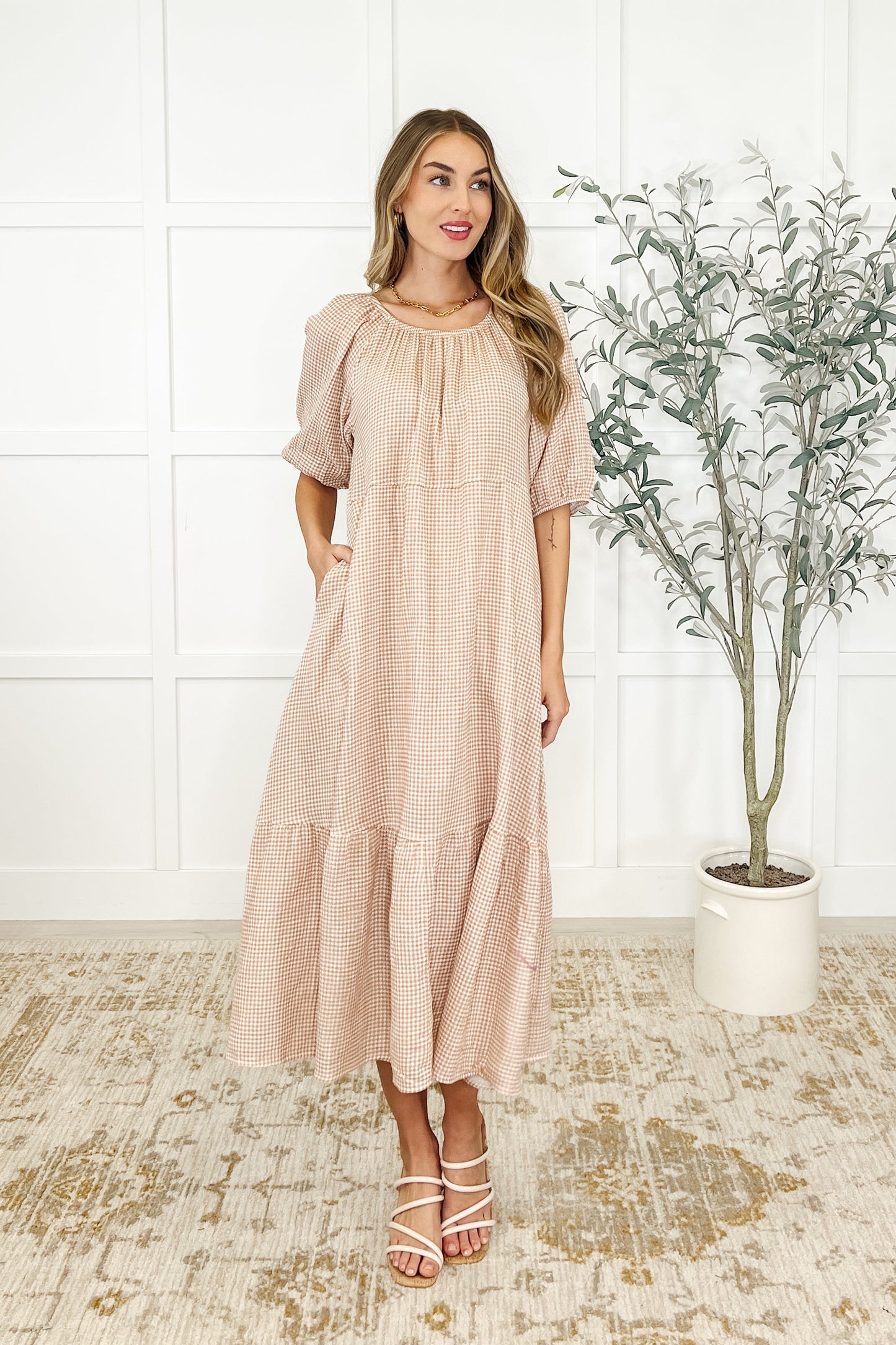 Toffee colored, crinkle gause, raglan sleeve, pockets, elastic sleeve, tiered dress 