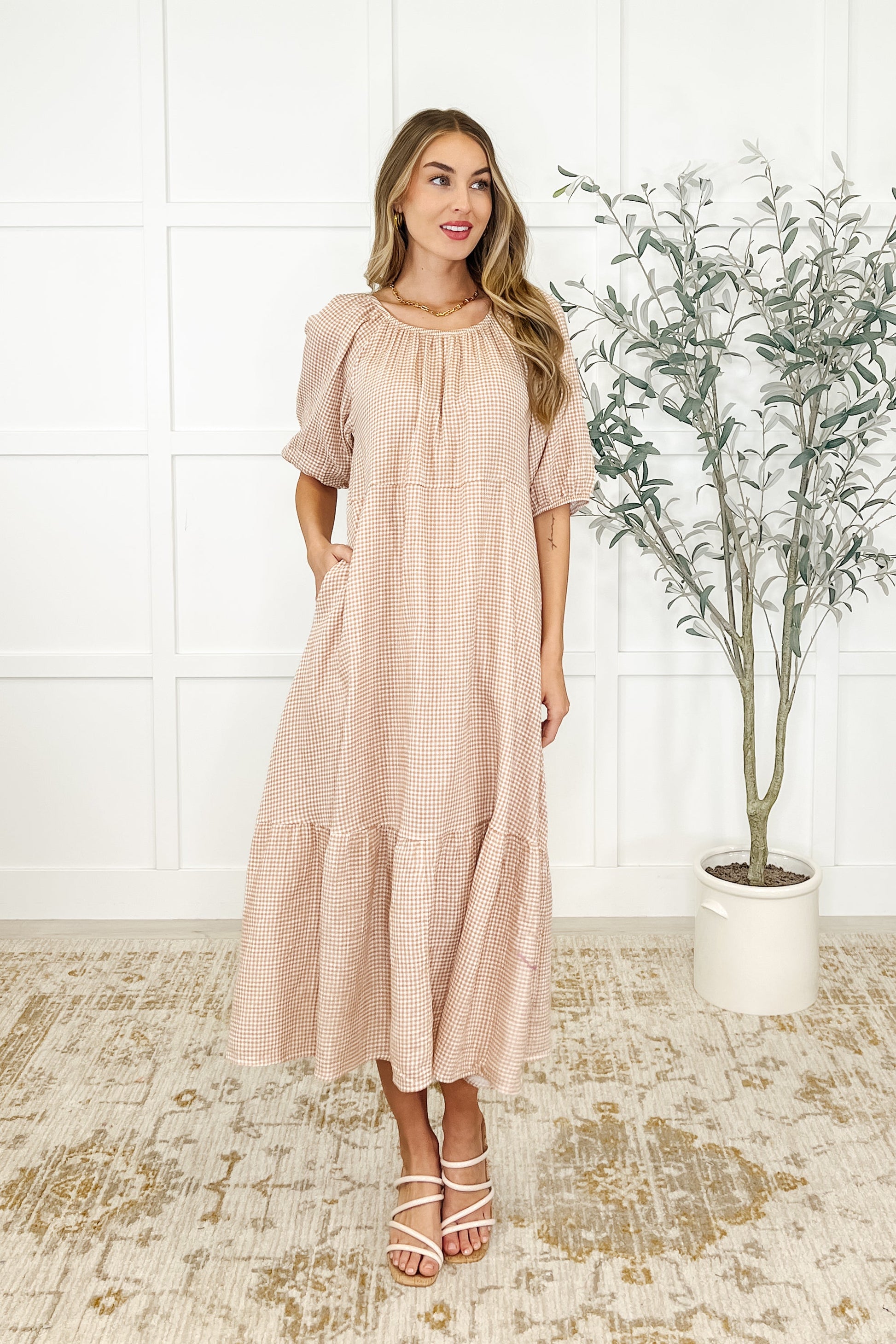 Toffee colored, crinkle gause, raglan sleeve, pockets, elastic sleeve, tiered dress 