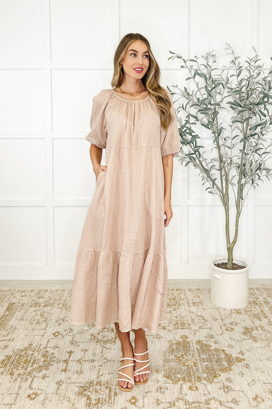 Toffee colored, crinkle gause, raglan sleeve, pockets, elastic sleeve, tiered dress 