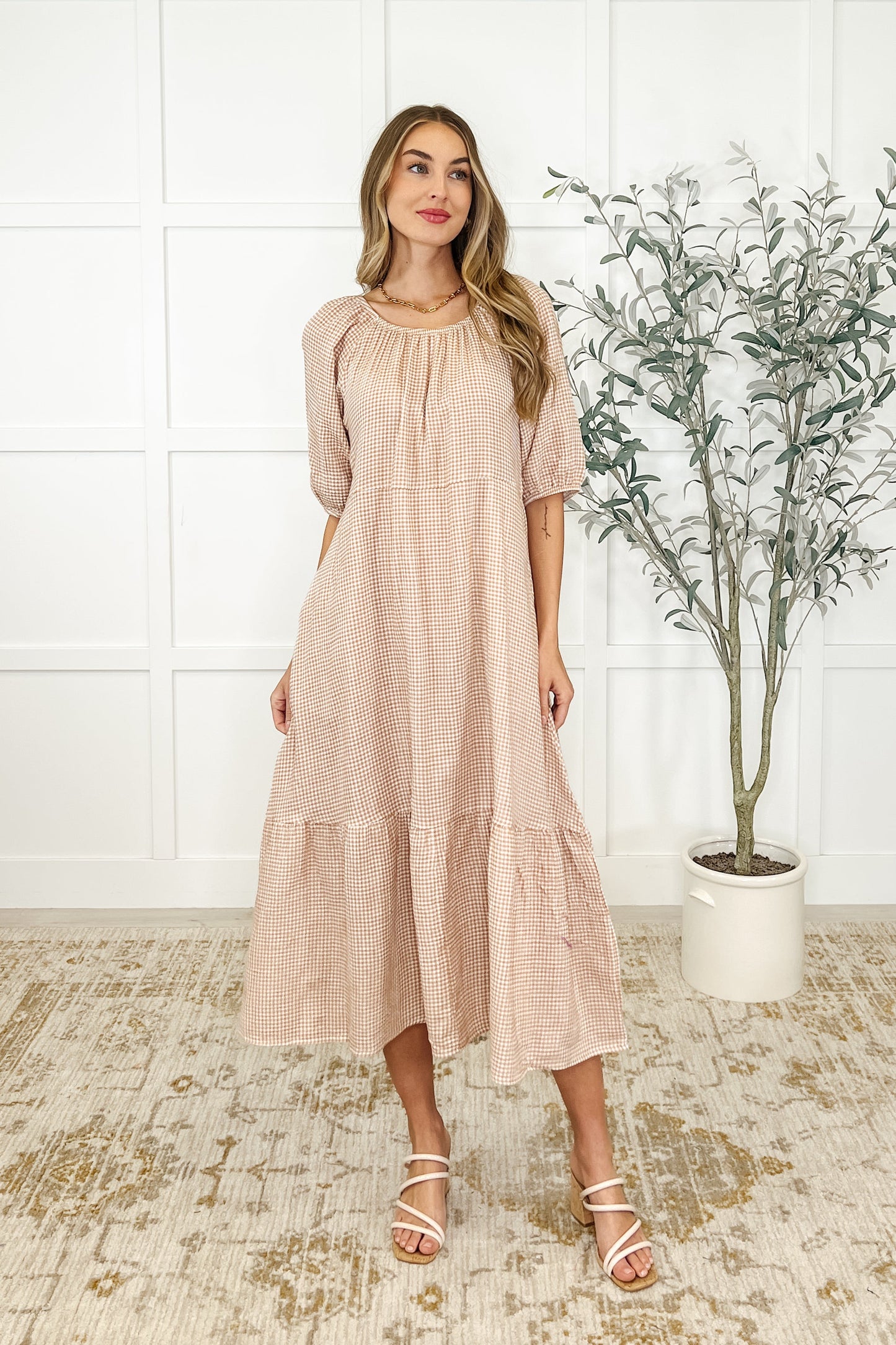 Toffee colored, crinkle gauze, raglan sleeve, pockets, elastic sleeve, tiered dress 