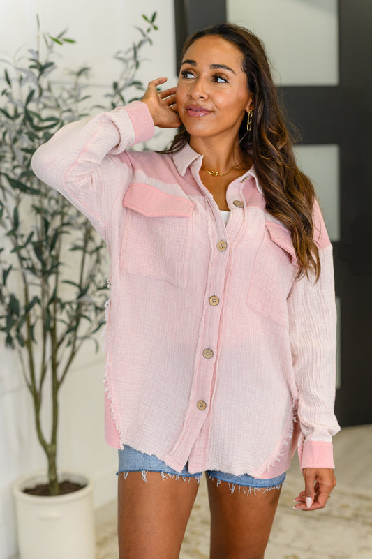 Full Front Button Down Shacket in Pink by Very 
Woven Gauze
No Stretch
Textured Knit Contrast
Full Front Button Down
Collared Neckline
Functional Patch Pockets
Exposed Raw Seam Details
Banded Sleeve Cuff
Sleeve Button Closure
Self: 100% Cotton
Contrast: 68% Polyester, 29% Rayon, 3% Spandex
True to Size
