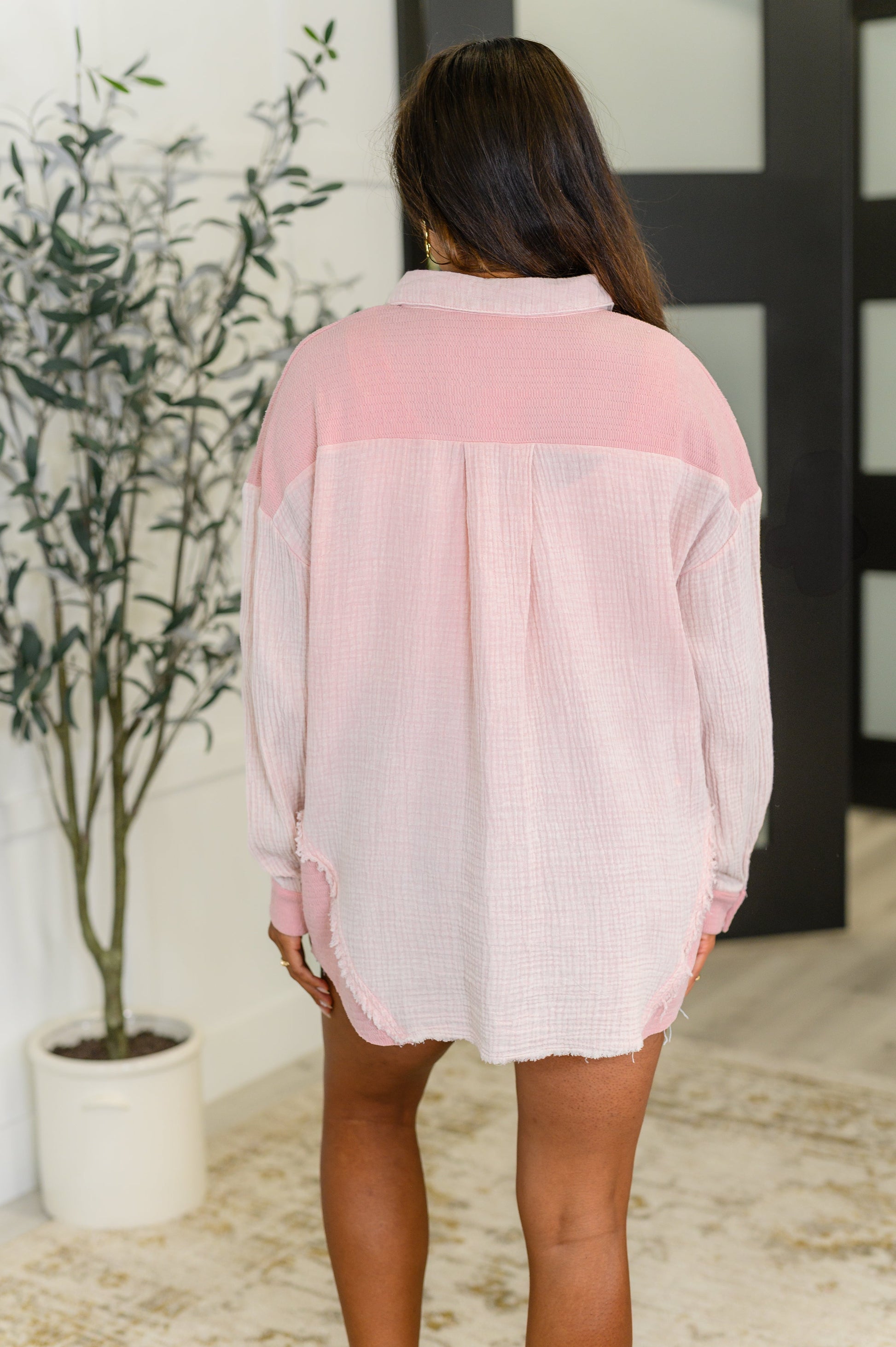 Full Front Button Down Shacket in Pink by Very 
Woven Gauze
No Stretch
Textured Knit Contrast
Full Front Button Down
Collared Neckline
Functional Patch Pockets
Exposed Raw Seam Details
Banded Sleeve Cuff
Sleeve Button Closure
Self: 100% Cotton
Contrast: 68% Polyester, 29% Rayon, 3% Spandex
True to Size