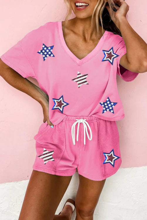 Pink Sequin Star V Neck Short Set