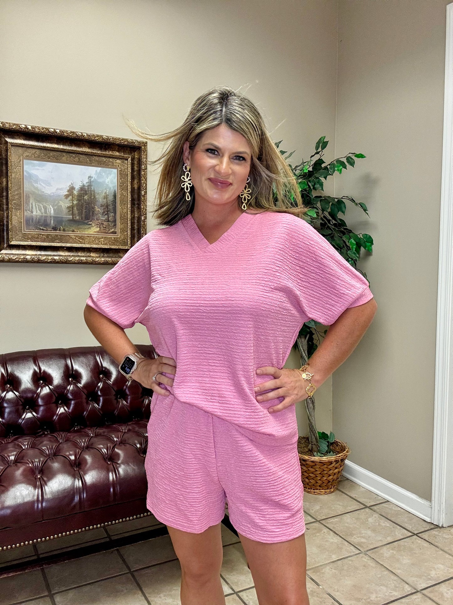 Textured Short Sleeve Short Set in Pink