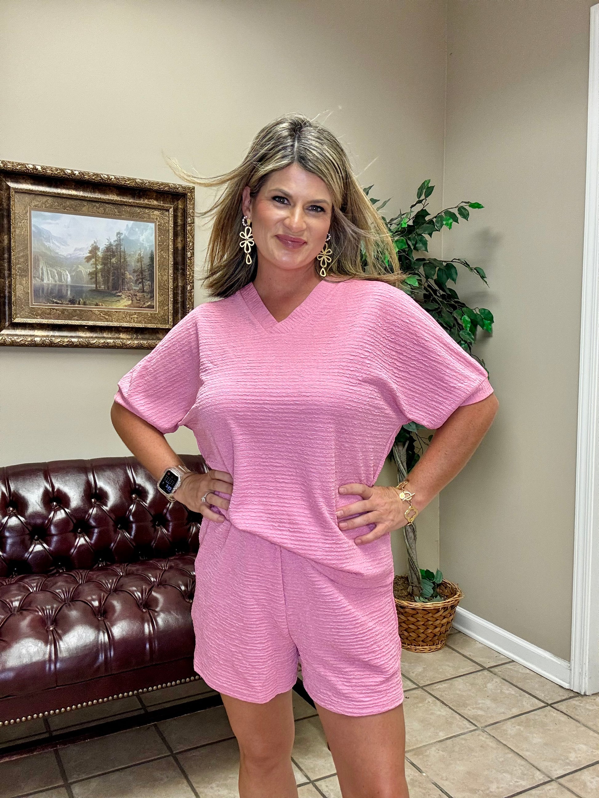 Textured Short Sleeve Short Set in Pink
