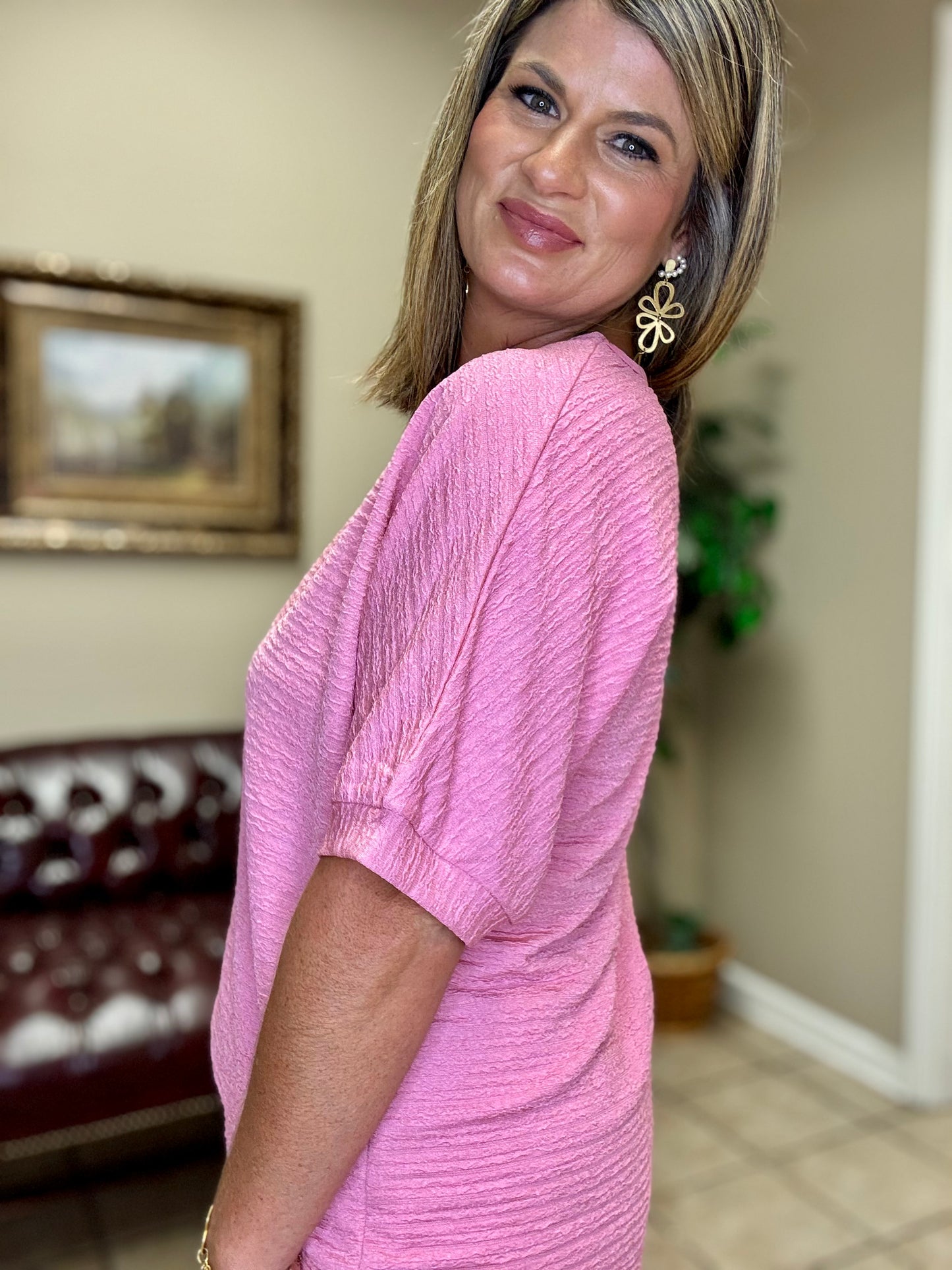 Textured Short Sleeve Short Set in Pink