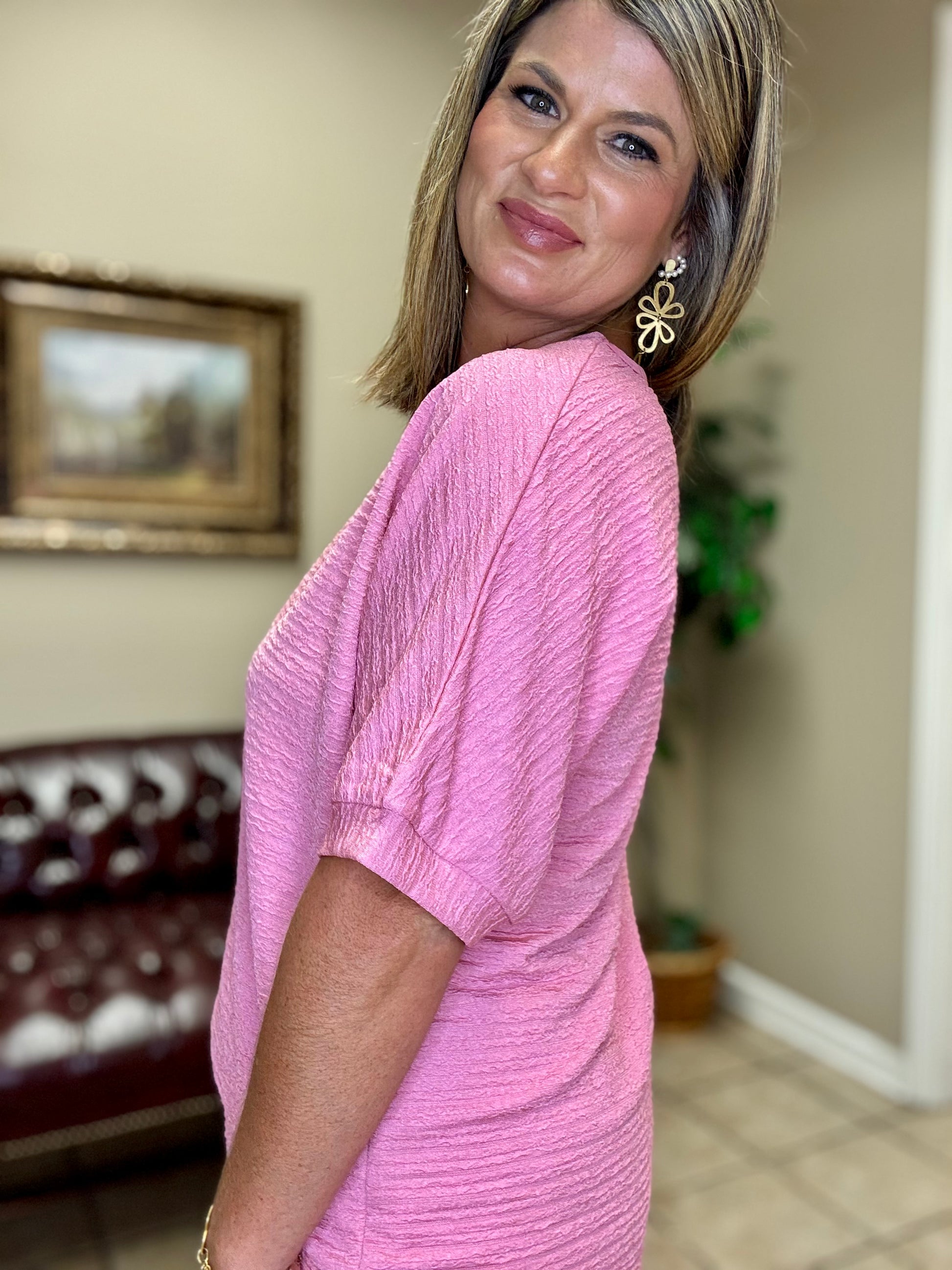 Textured Short Sleeve Short Set in Pink