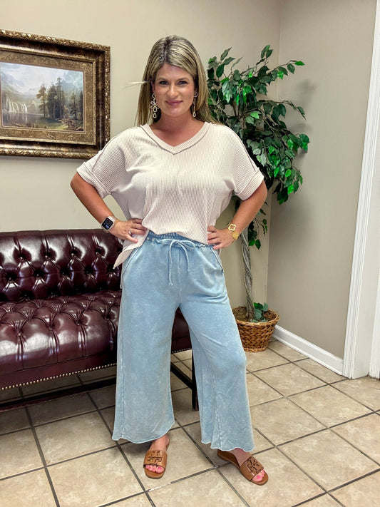 Washed French Terry Palazzo Pants by Zenana in Ocean Blue