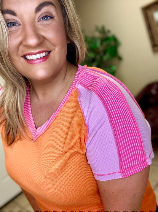 Orange Exposed Seam Color Block Top