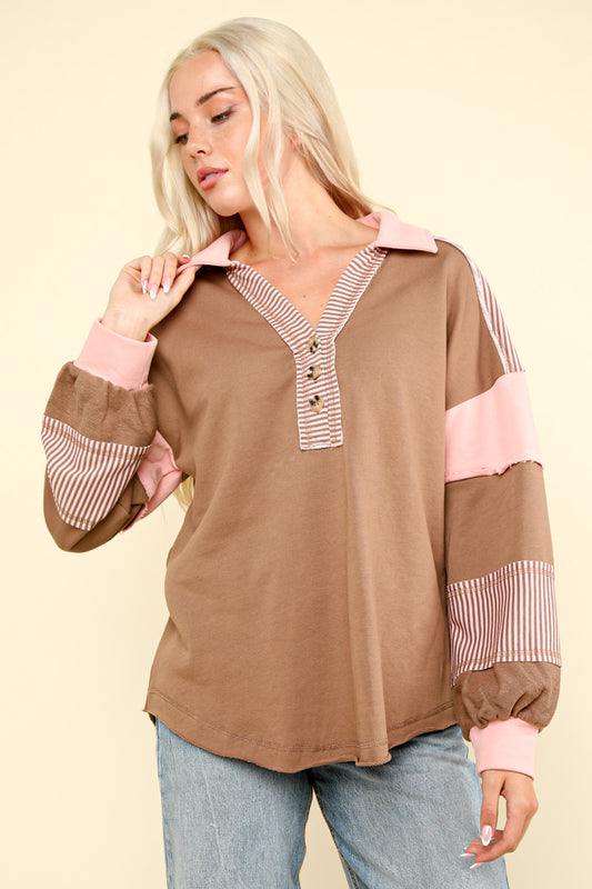 Color Block Oversized Casual Knit Top by Very J in Mocha