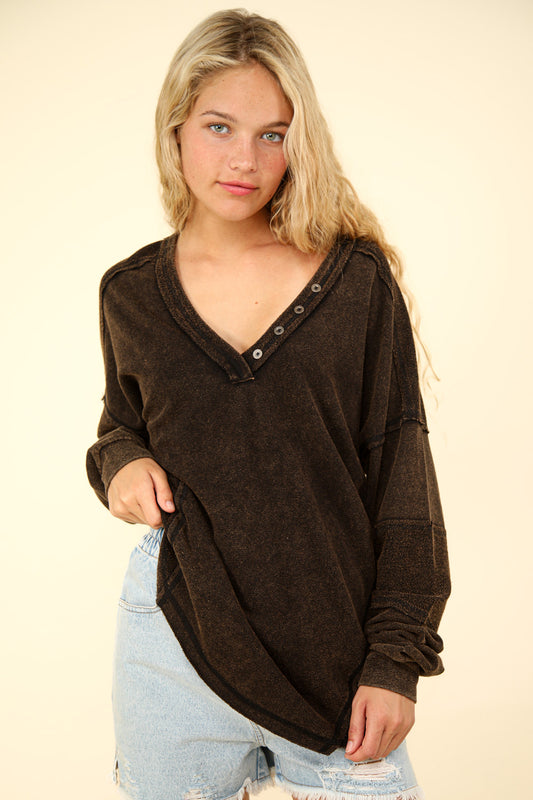 Washed Knit V Neck Oversized Top