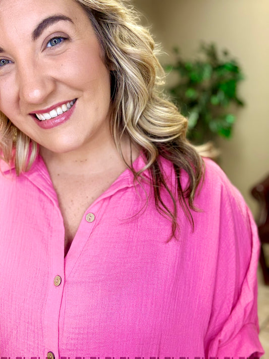 Pink Gauze Oversized Button Up
