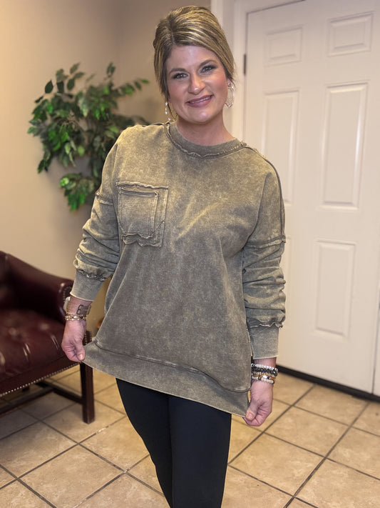 French Terry Acid Wash Raw Edge Front Pocket Pullover by Zenana