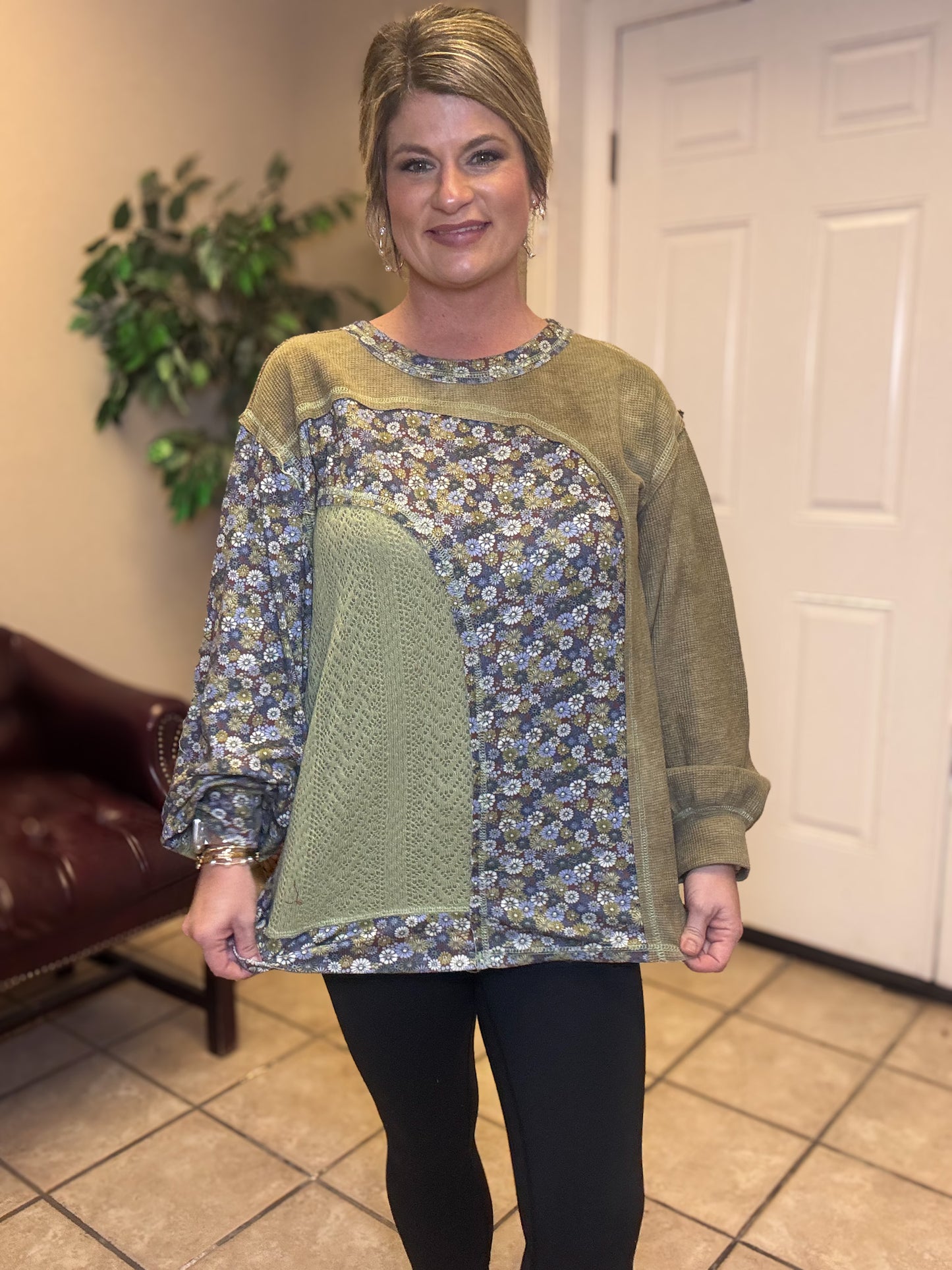 Round Neck Long Sleeve Relaxed Top in Olive by Pol