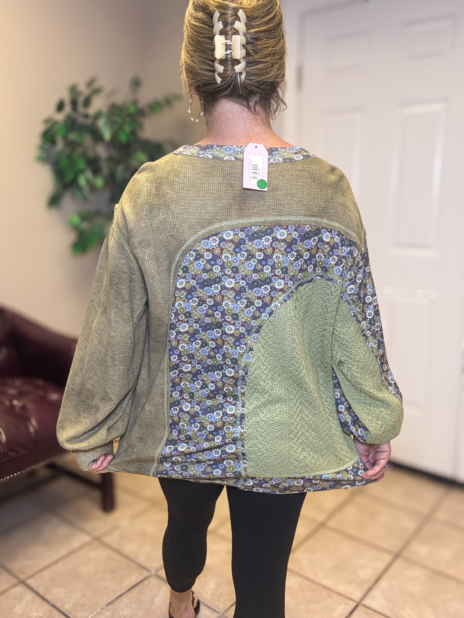 Round Neck Long Sleeve Relaxed Top in Olive by Pol