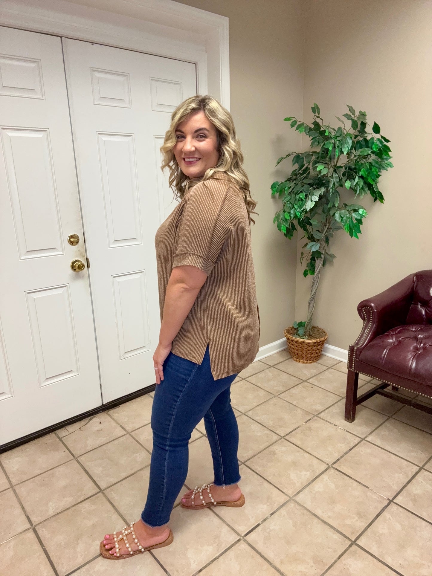 Corded Rib Cuff Sleeve Raw Edge Top