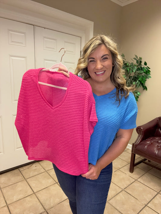 Drop Shoulder Short Sleeve Jacquard Sweater in Deep Sky and Fuchsia