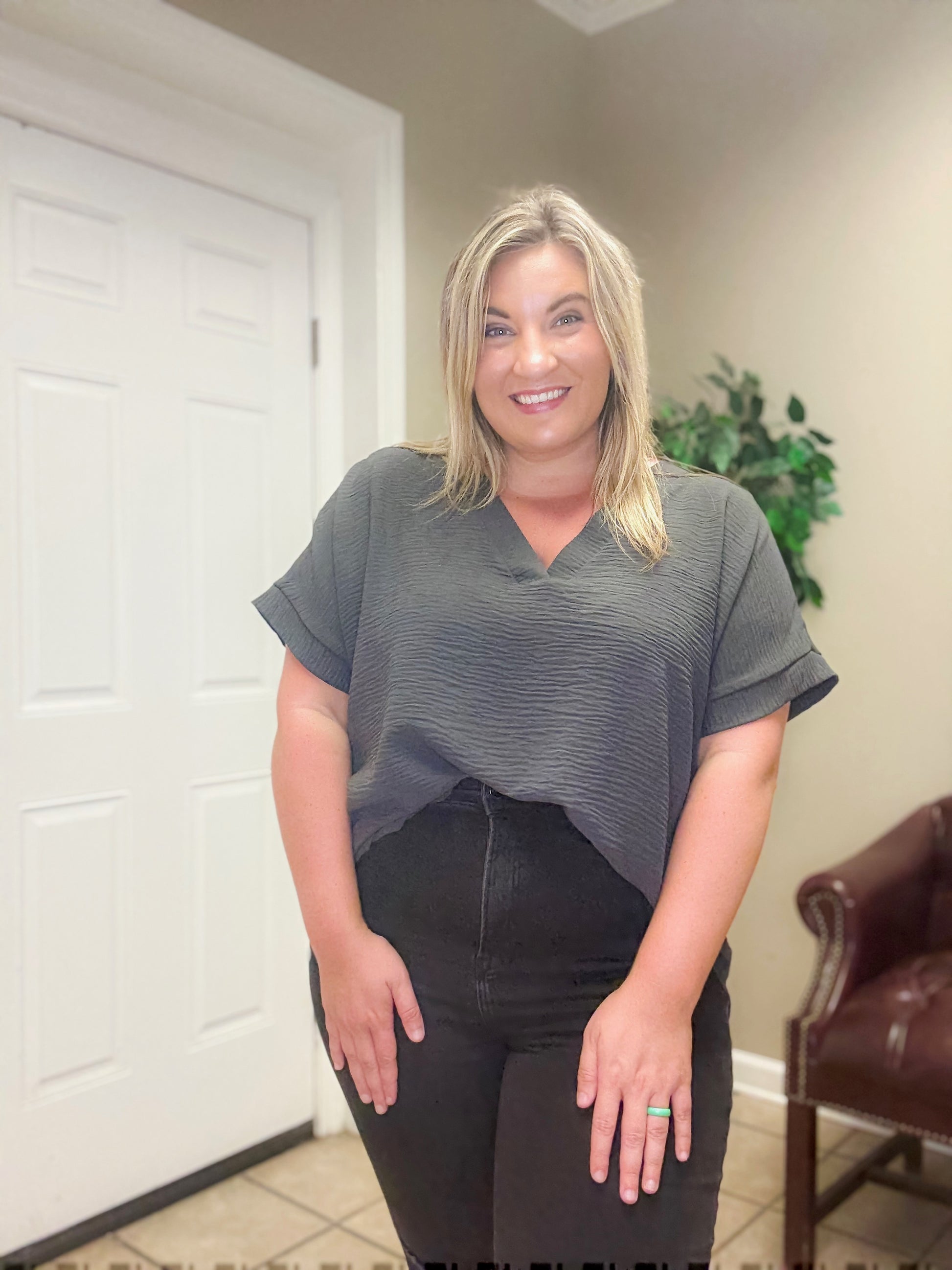Plus Woven Short Sleeve Top in Grey by Zenana