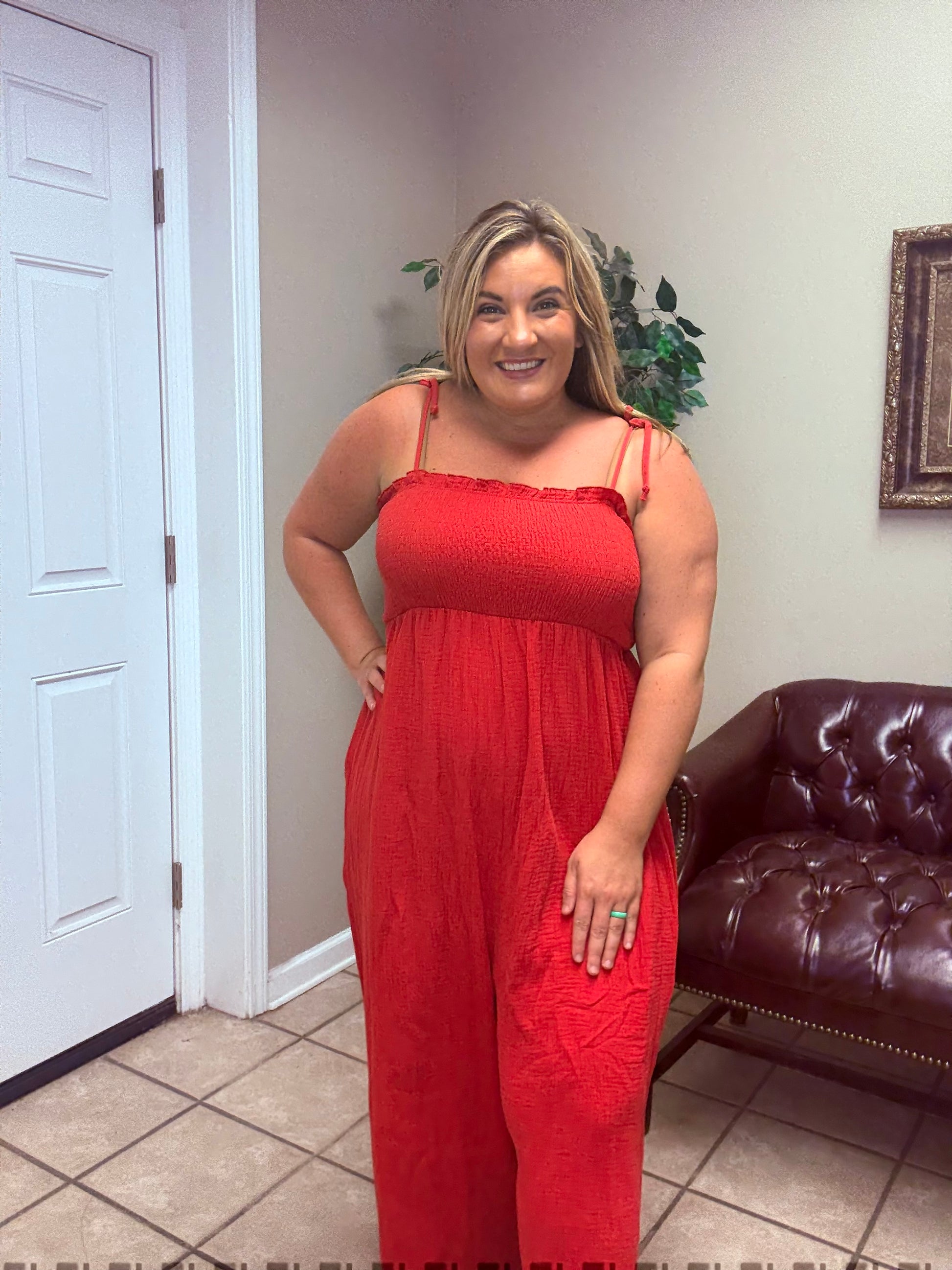 Sleeveless Jumpsuit in Red by Cotton Bleu